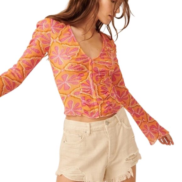 Free People Through The Meadow Blouse – Orange Pink Floral – Size L - Picture 1 of 8